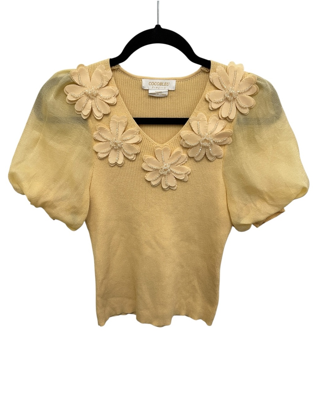 Cocobleu butter yellow 3D Flower Bubble Chiffon Sleeve Ribbed Knit Top Size S